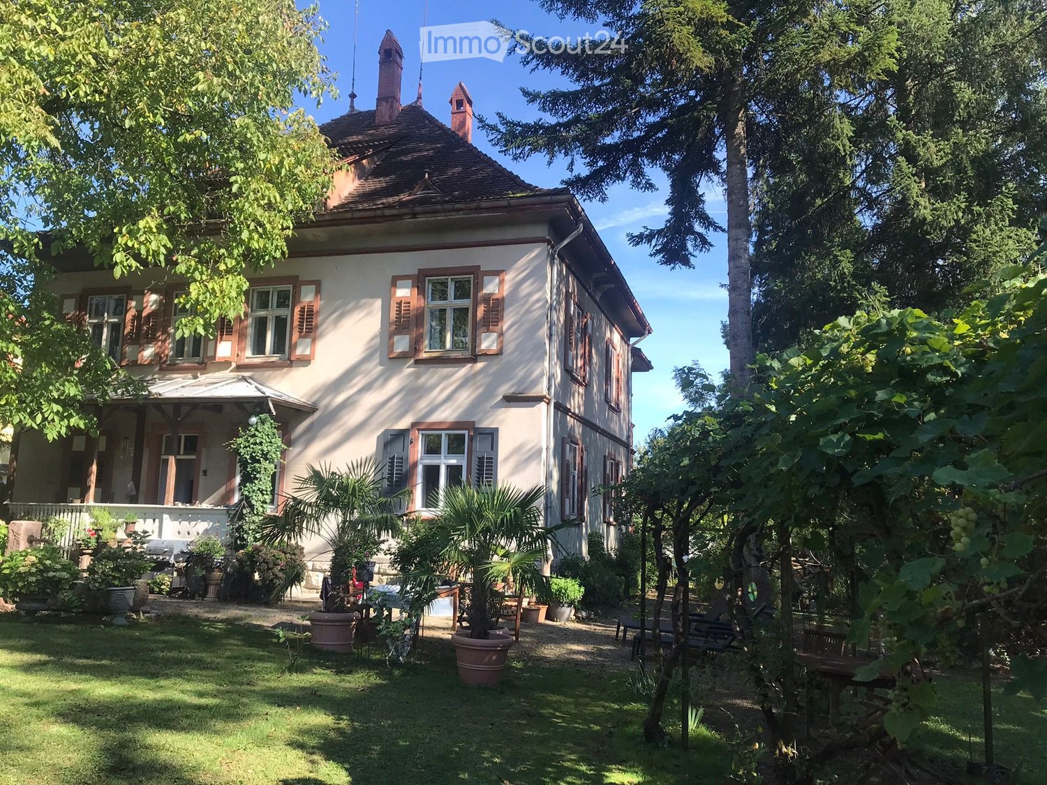 2 story house, brown roof, white walls, multiple windows, surrounded by trees and plants