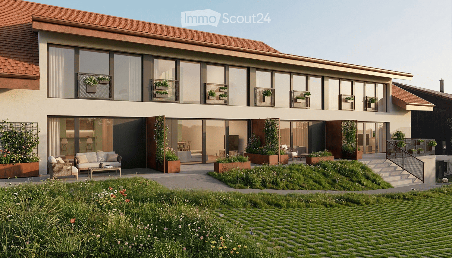 modern house, large windows, red roof, balcony, garden, patio, outdoor seating