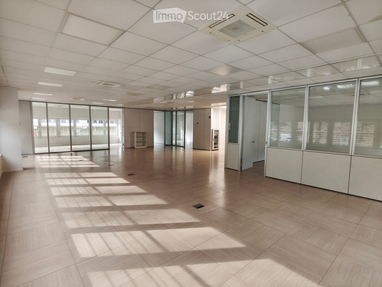 large open space, tiled floor, glass walls, ceiling lights, small white shelves