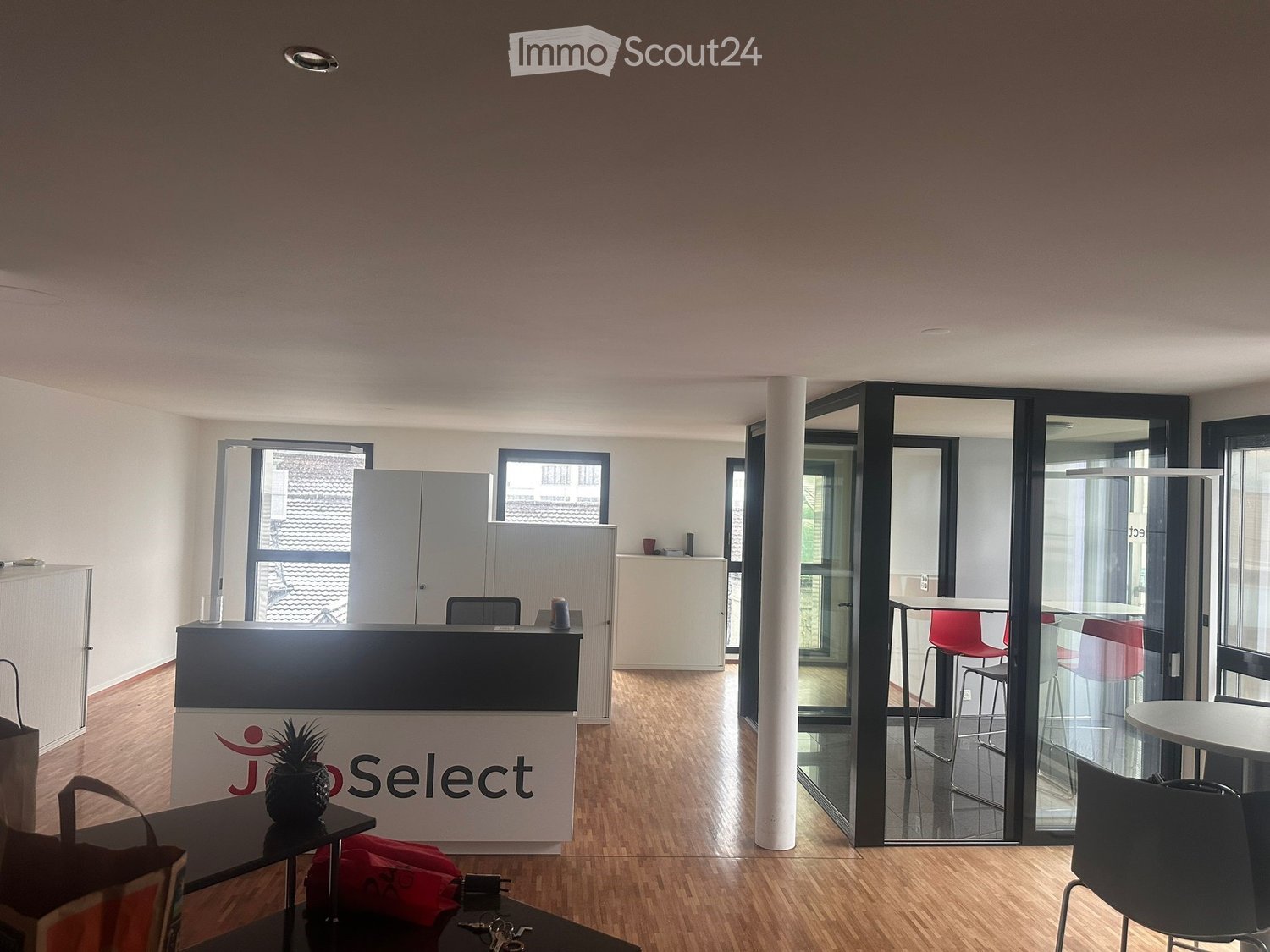 modern office space with wooden floors, white walls, glass partitions, reception desk, office chairs, tables, and a potted plant