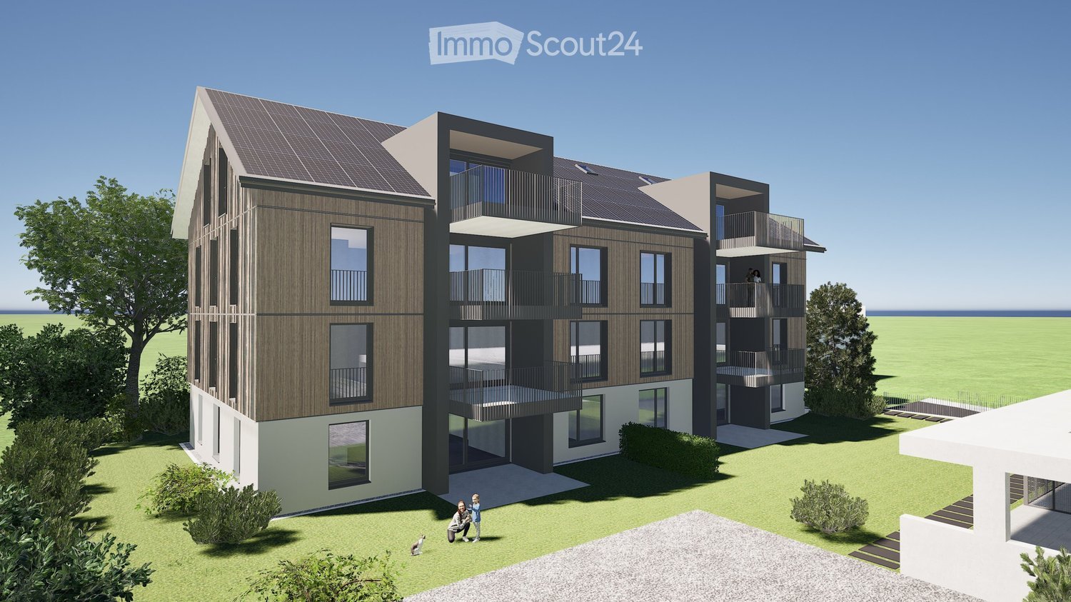 Modern multi-story residential building with wooden facade, large windows, and balconies. The building features a contemporary design with a mix of wood and concrete elements, surrounded by a well-maintained lawn and small trees.