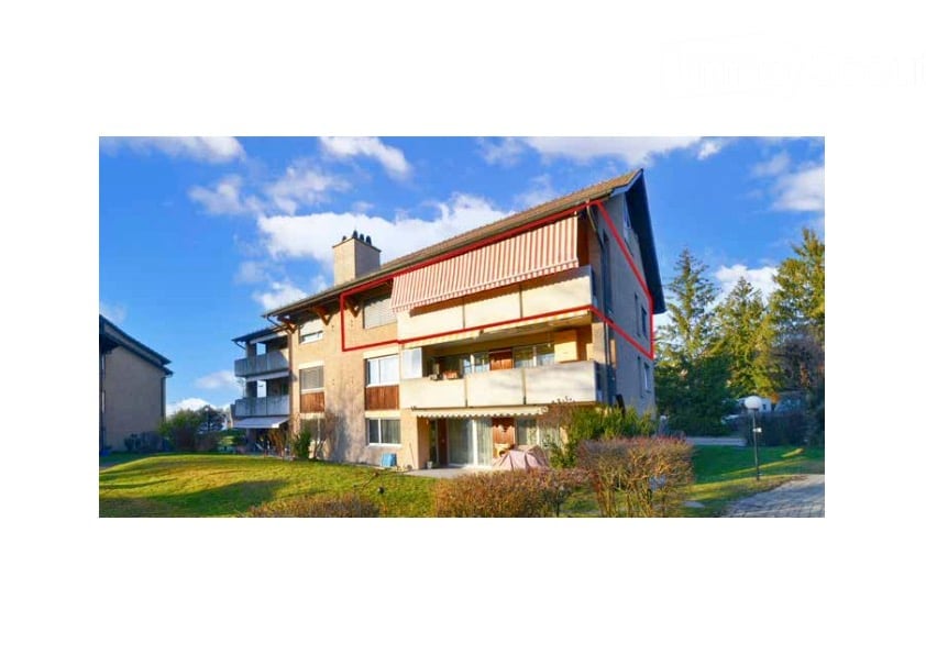 3 story apartment building, beige exterior, red roof, balcony, windows, yard, trees