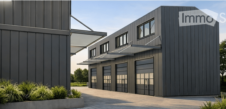 modern building, gray exterior, large garage doors, glass windows, awnings, landscaping