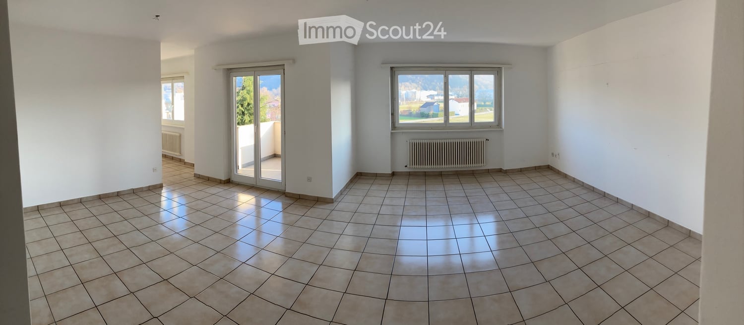 empty room, white walls, tiled floor, sliding glass doors, balcony, window, radiator