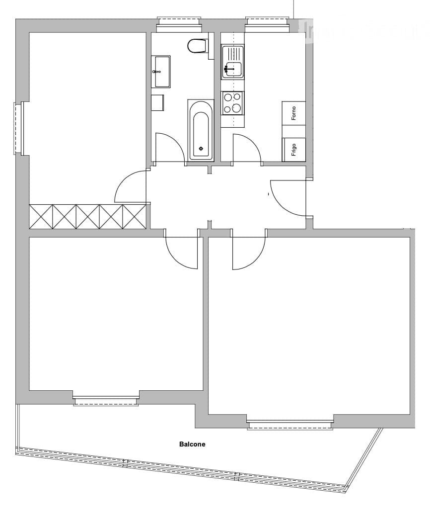 Open living space, kitchen, bedroom, bathroom, balcony