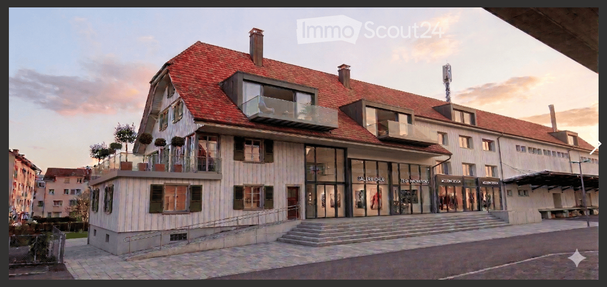2 story building, red roof, white walls, glass windows, balcony, stairs, entrance