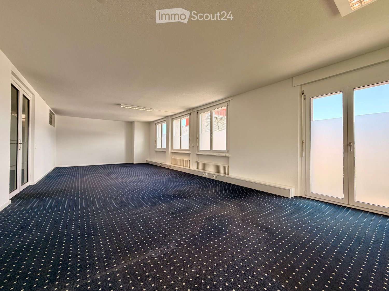 Empty room with white walls, blue patterned carpet, large windows, and a radiator along one wall.