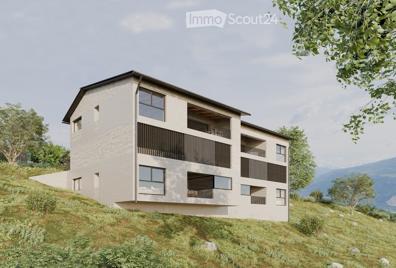 Modern apartment building, white exterior, multiple balconies, large windows, hillside location