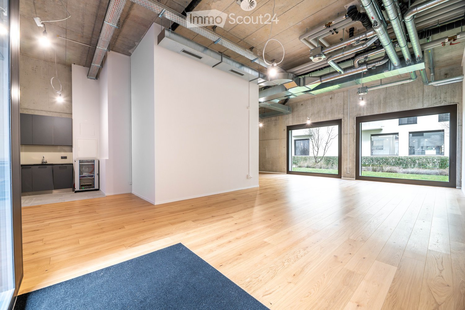 large open space, hardwood floors, large windows, kitchen area with sink and refrigerator