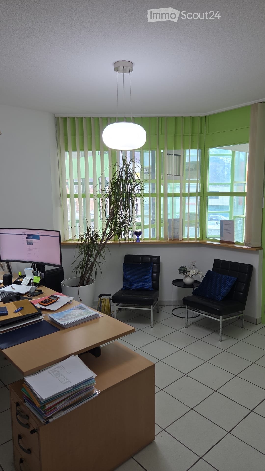 Office with desk, chairs, computer, plant, and windows
