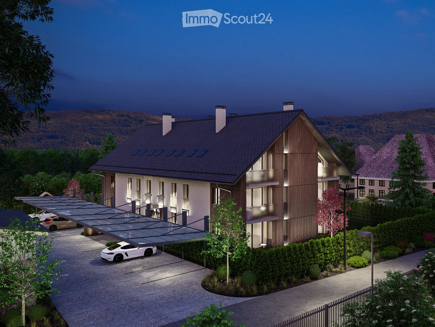Modern house, 3 stories, brown roof, white walls, glass windows, covered parking, carport, garden, trees, mountains in the background