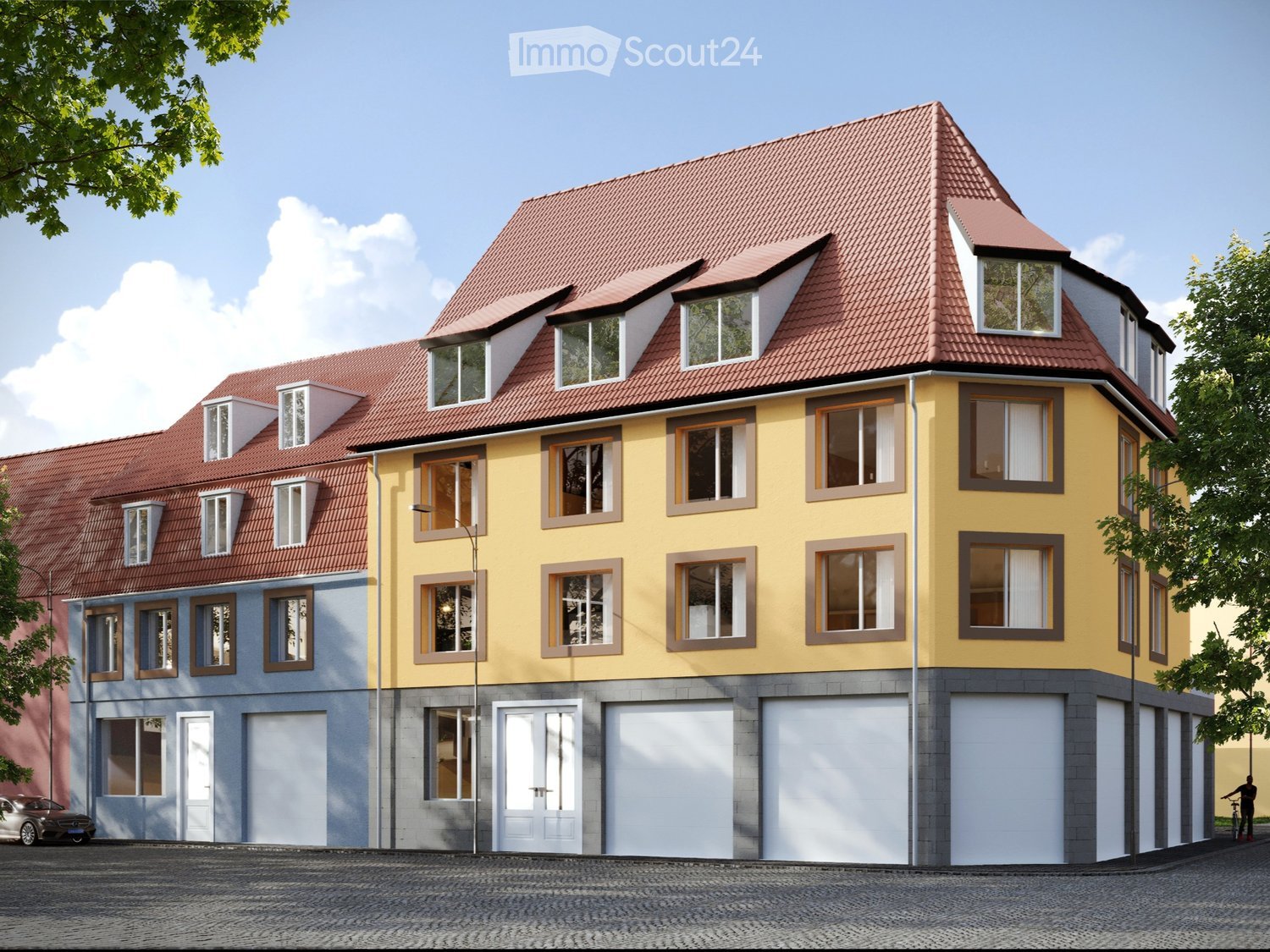 3-story building, yellow and gray exterior, red roof, multiple windows, garage doors