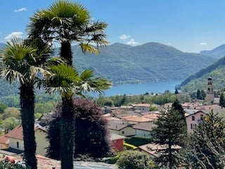 View of a town with mountains, lake, and a tower in the distance
