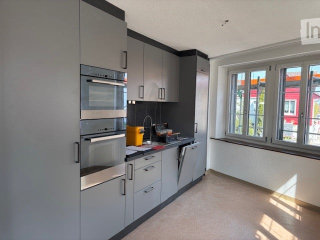 modern kitchen with gray cabinets, stainless steel appliances, and a dishwasher