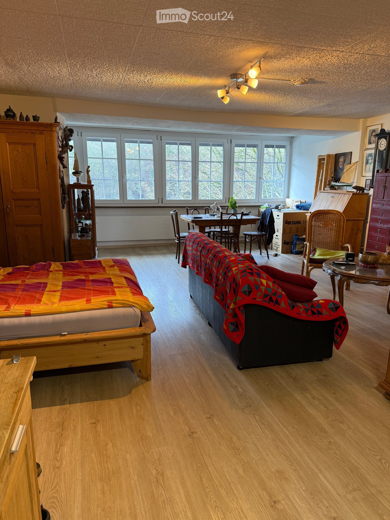 A room with wooden floor, a bed, a couch, a dining table, and a cabinet