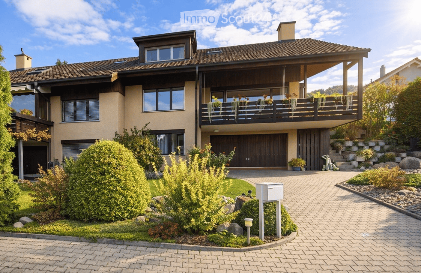 2 story house, brown roof, beige walls, balcony, driveway, garden, garage