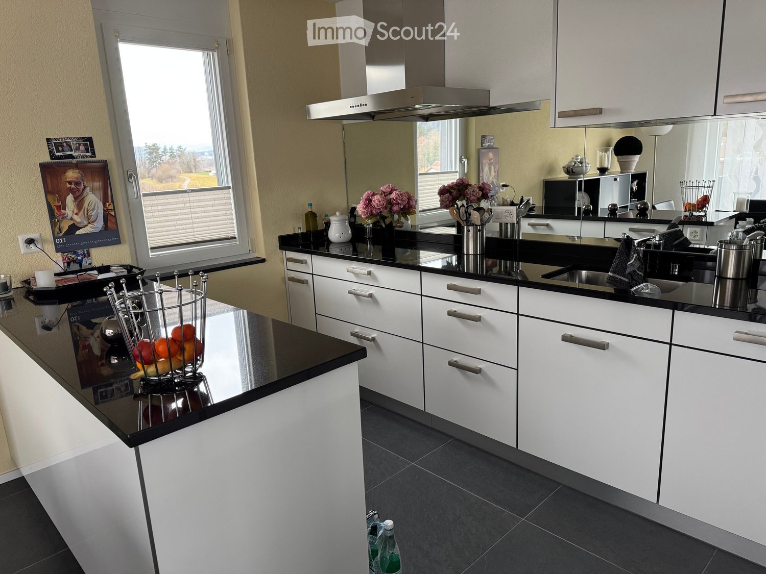 modern kitchen with white cabinets, black countertops, stainless steel appliances, large window, large mirror, fruits in a basket