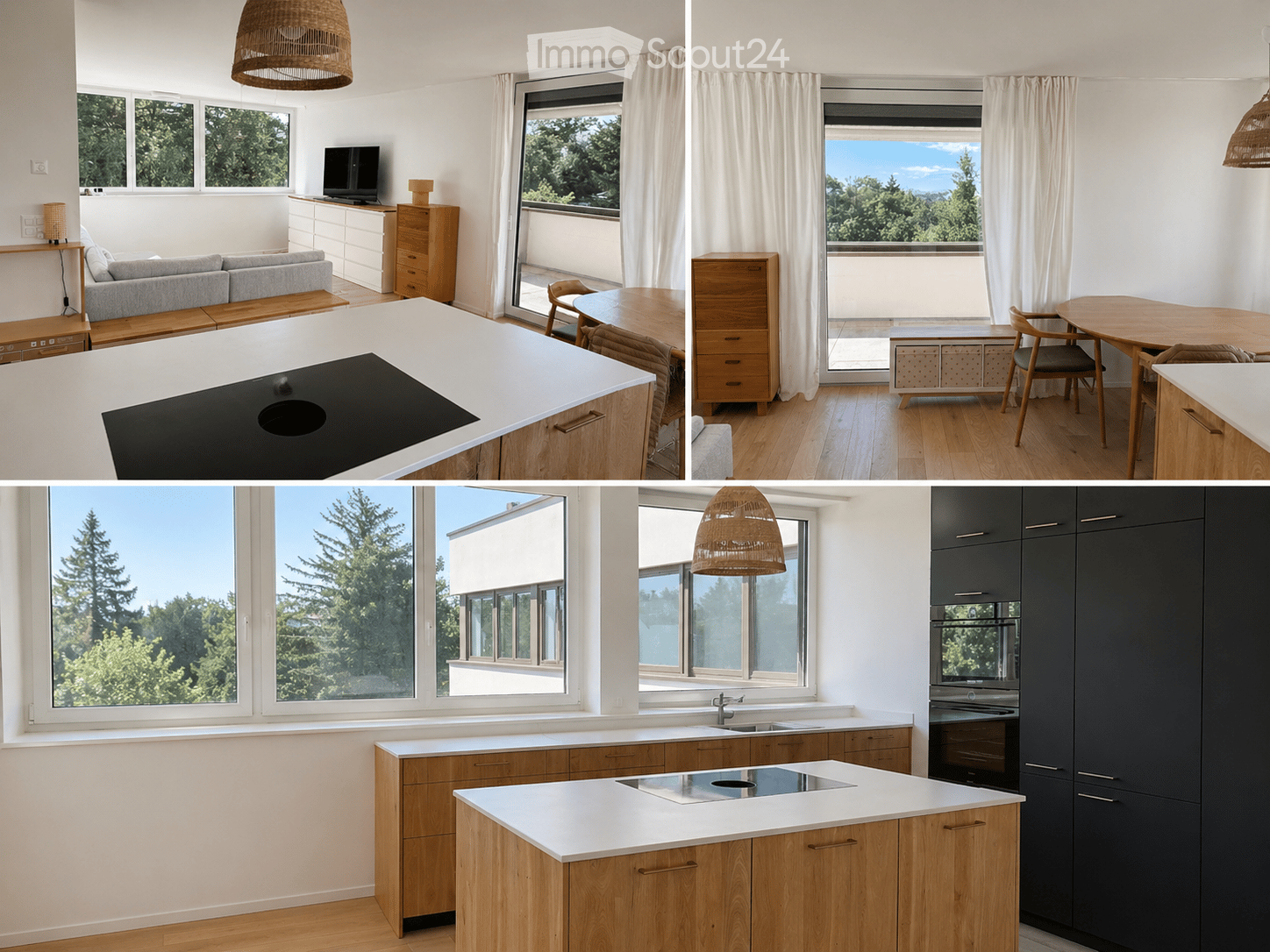 modern kitchen with wooden cabinets, white countertops, large windows, balcony, dining table, modern appliances