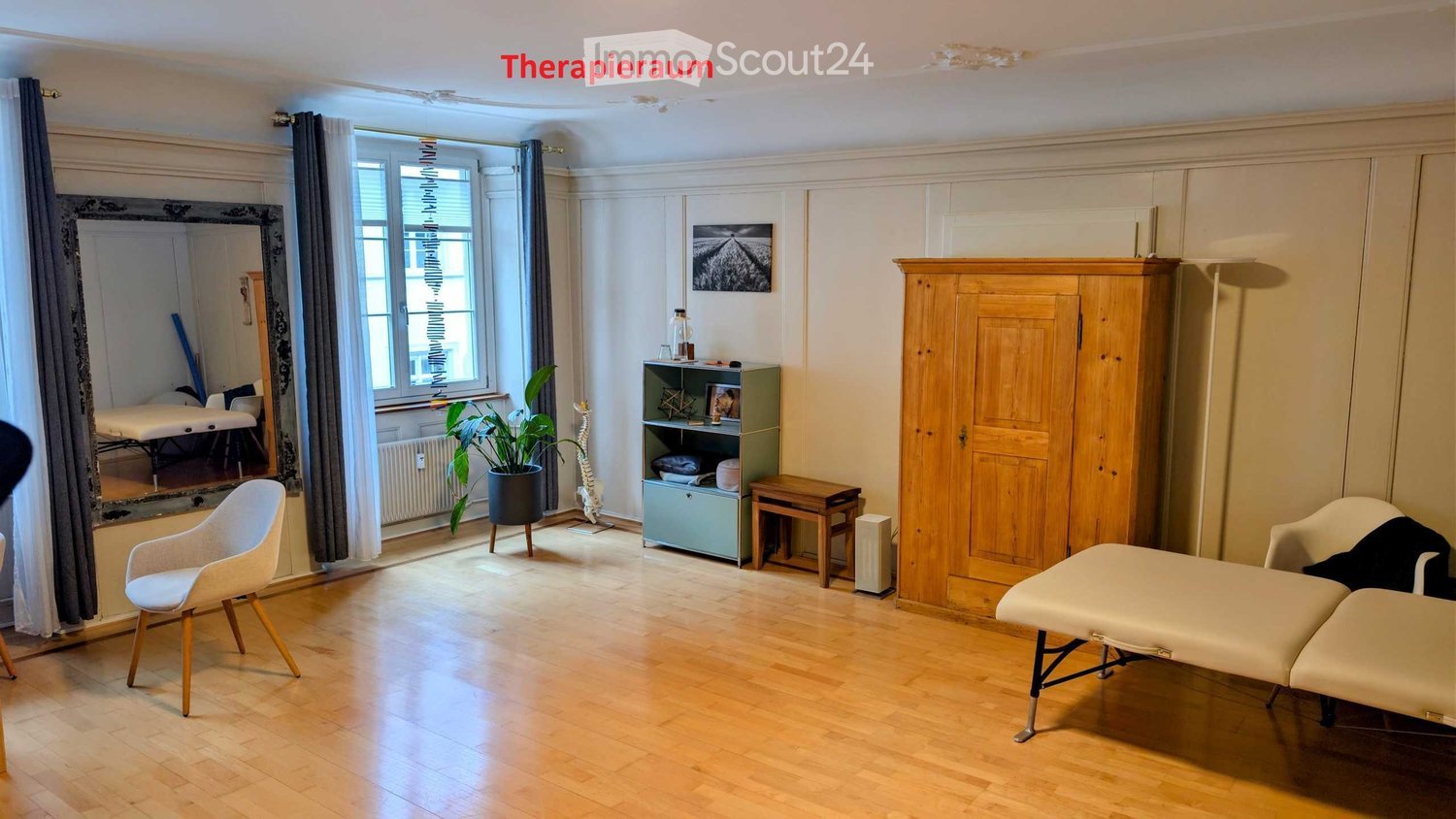 Spacious room with wooden floor, large mirror, potted plant, wooden cabinet, shelves, small table, and a bed. The room has a window with curtains and a picture frame on the wall.