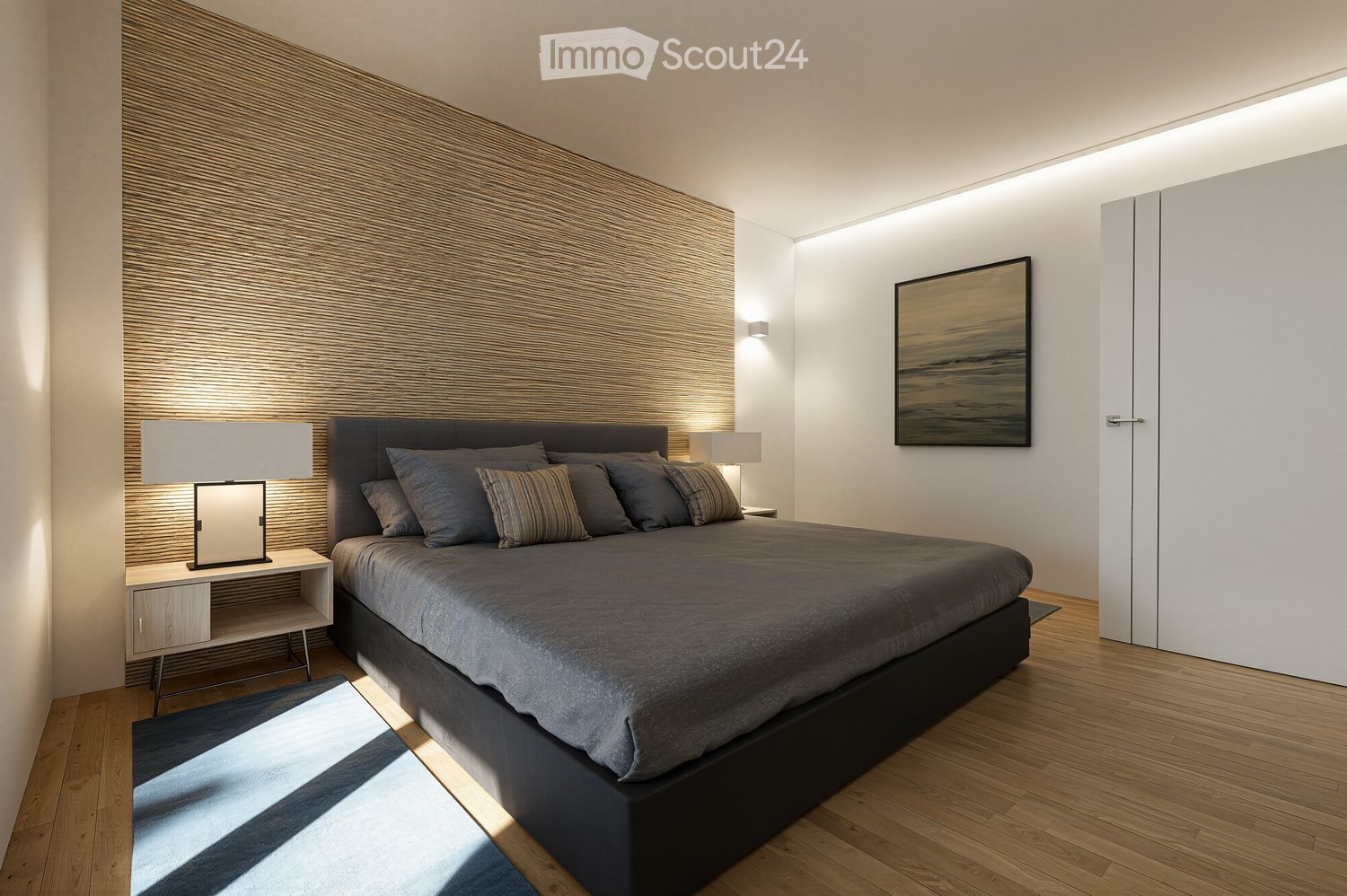 Modern bedroom with wooden floor, textured wall, bed, nightstands, lamps, rug, and artwork.