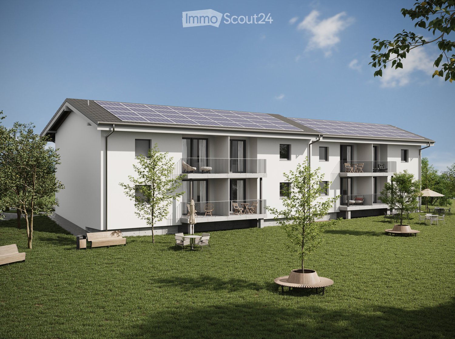 2 story apartment building, white exterior, solar panels on the roof, balconies, garden, outdoor seating