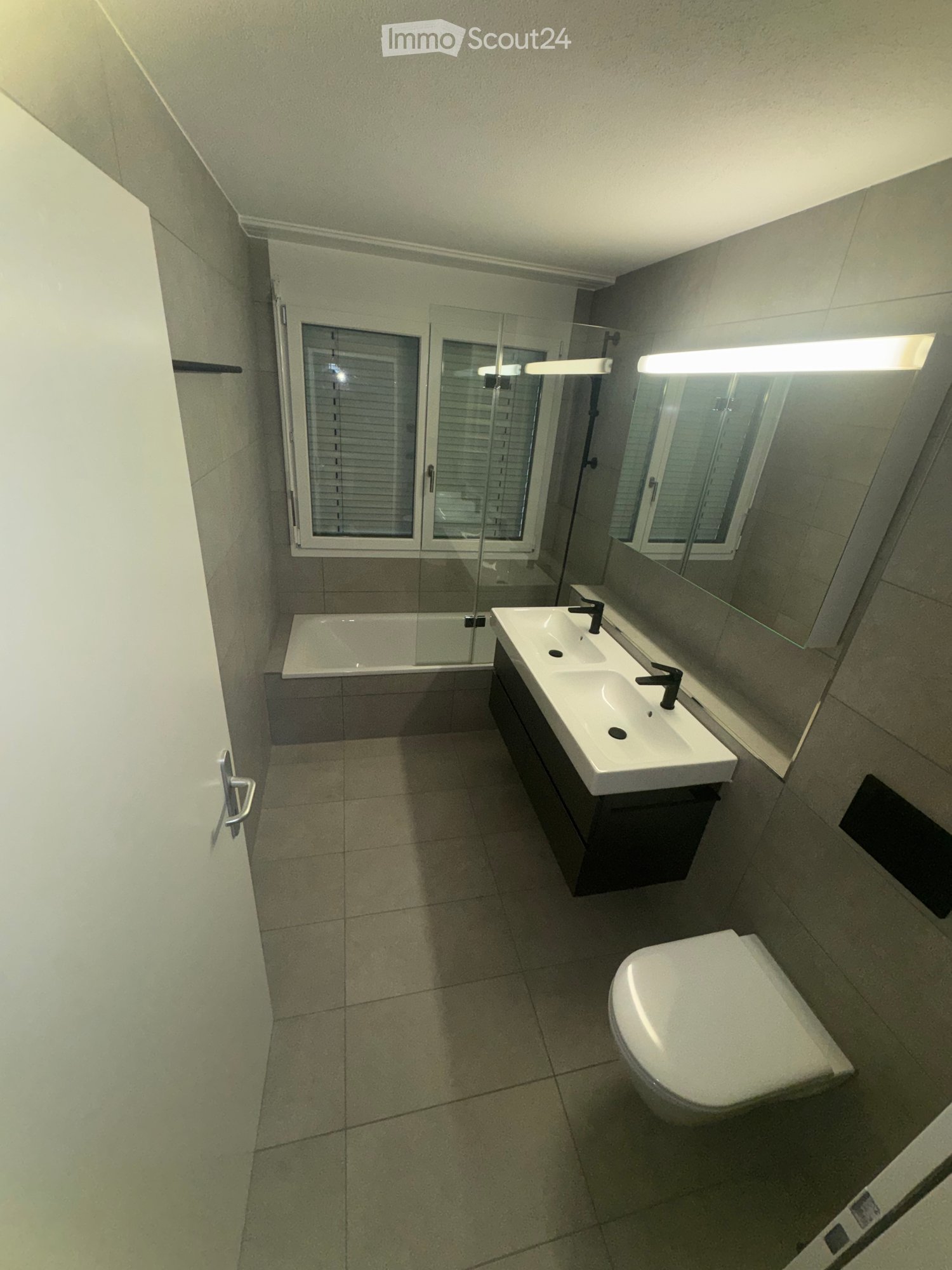 modern bathroom, bathtub, double sink, toilet, mirror