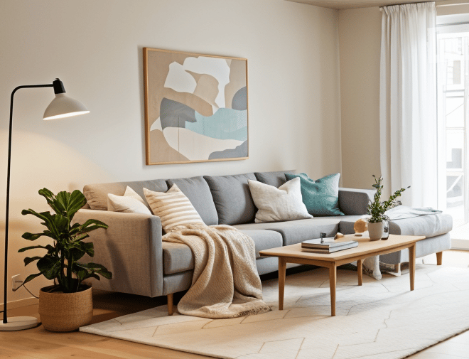 Living room with gray sofa, wooden coffee table, floor lamp, rug, and potted plants