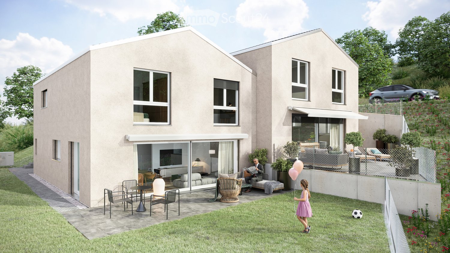 Modern two-story house with a garage, large windows, and a spacious outdoor area with a patio and garden.