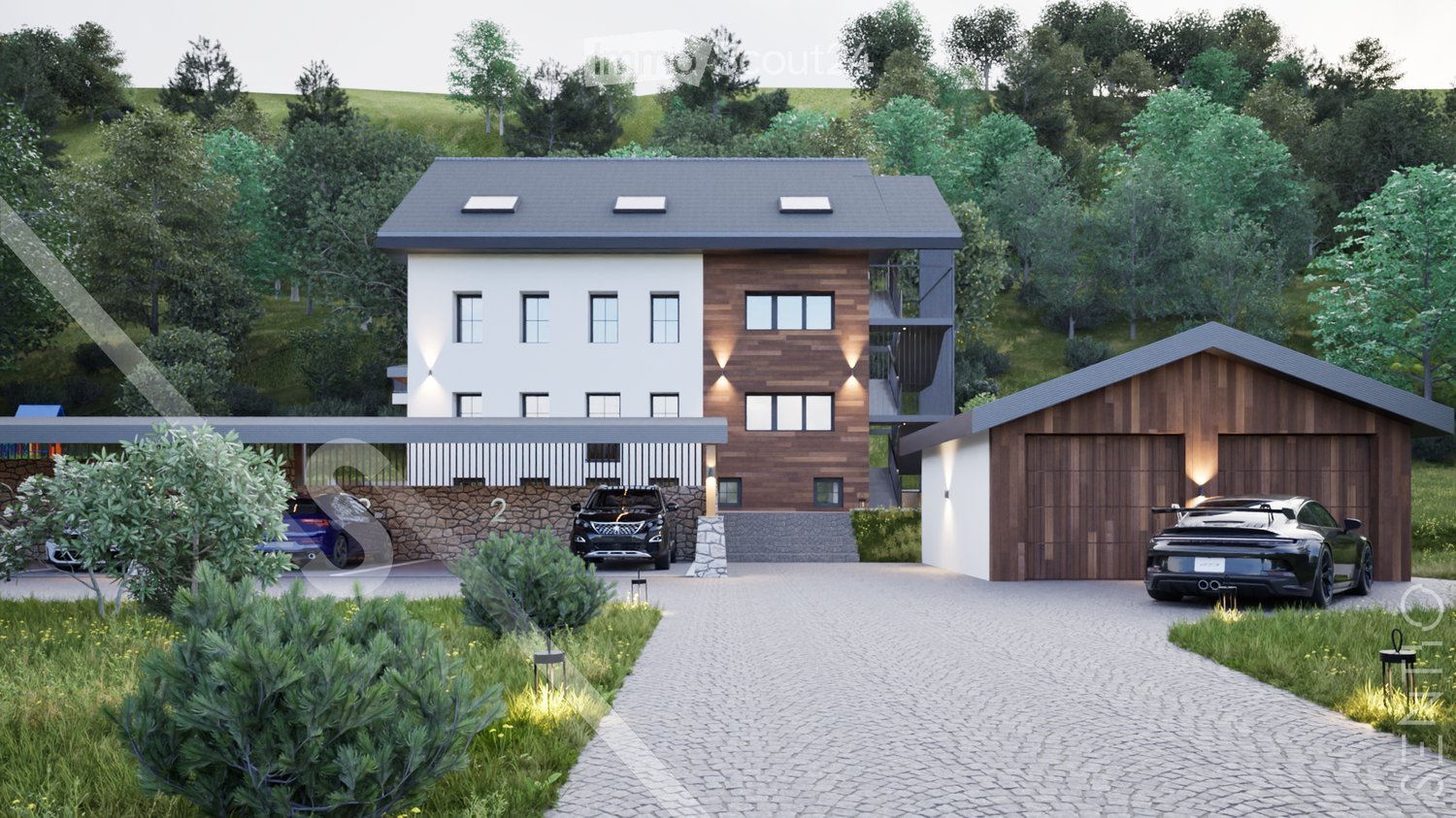 Modern house with a gray roof, white and brown walls, and a driveway with two cars parked.
