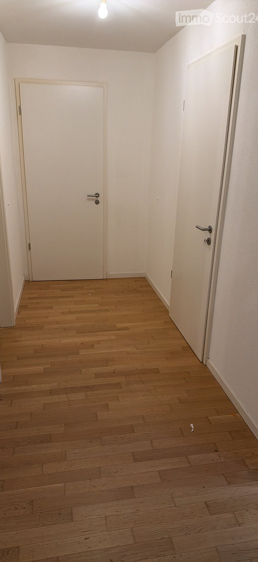 Unfurnished Room. Empty hallway with wooden flooring and white walls, featuring two closed doors.