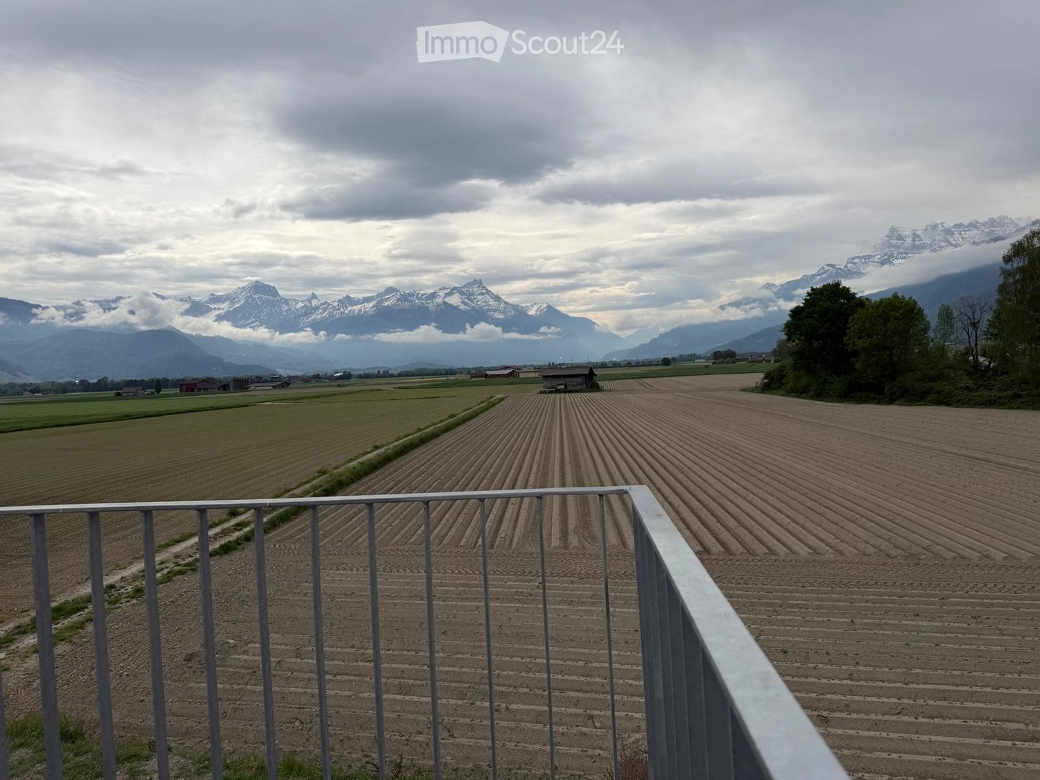 Garden / Outdoor Area. View from a raised outdoor area overlooking a vast agricultural field with rows of tilled soil, surrounded by distant mountains and scattered trees.