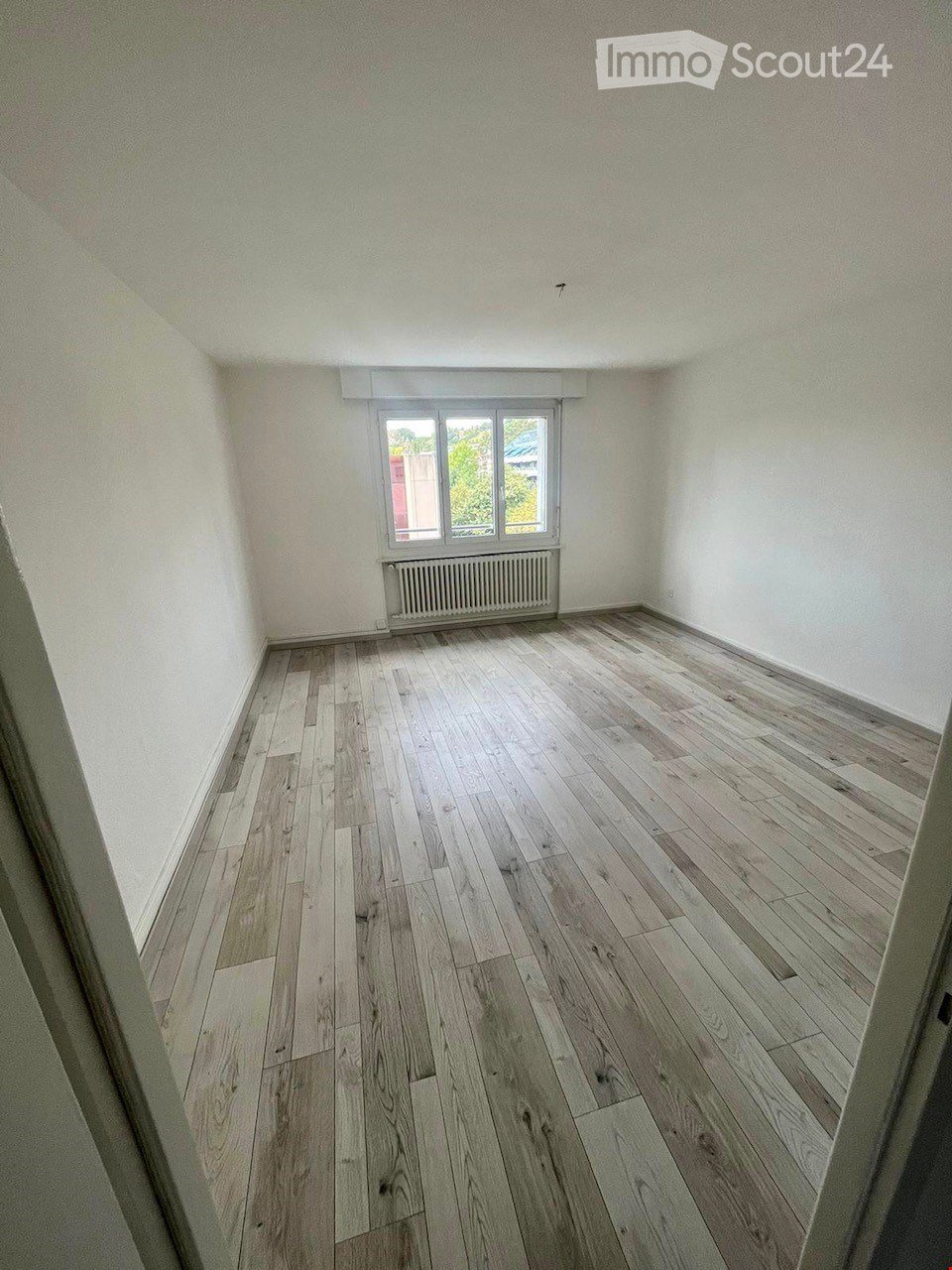 Empty room with light wooden flooring, white walls, and a single window with a radiator below it.