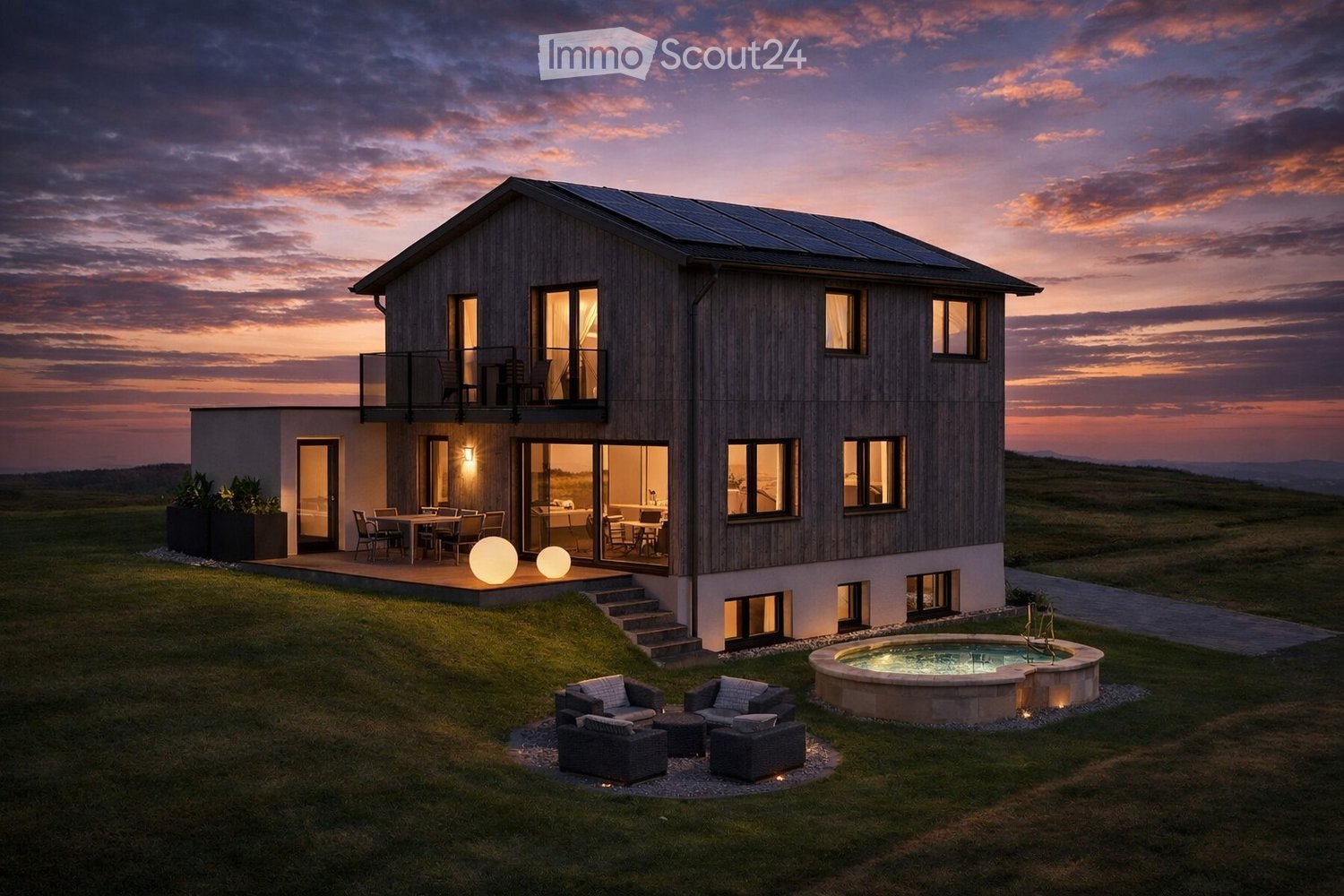 Modern house with solar panels, large windows, outdoor dining area, and a hot tub.