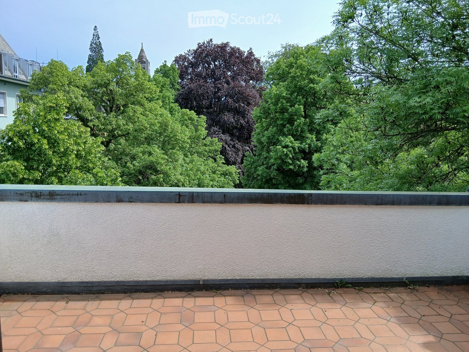 A flat roof terrace with a tiled surface and a low concrete parapet wall, surrounded by lush green trees and a distant view of a spire.