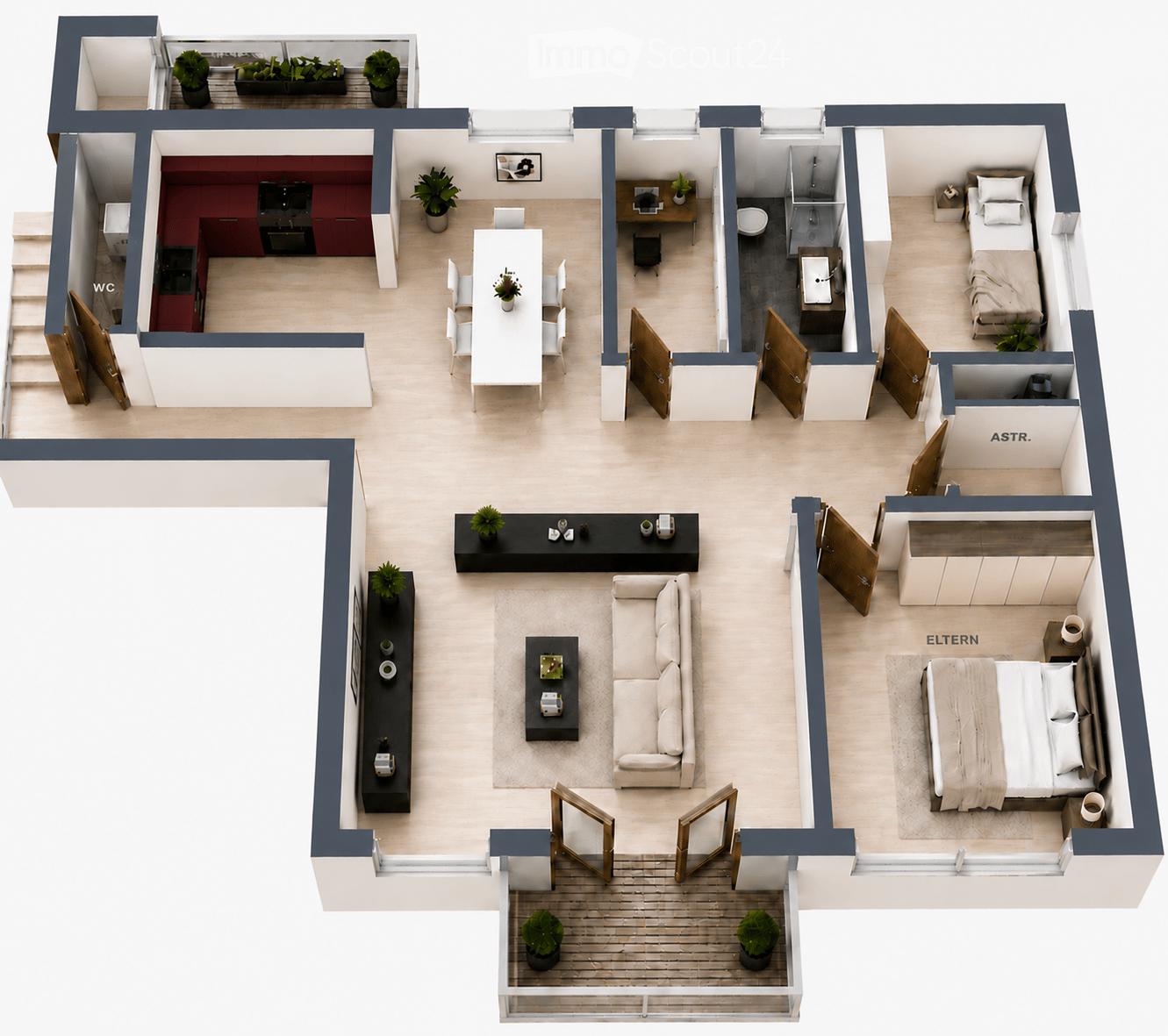 Floor Plan. 3D floor plan of a modern apartment with living room, dining area, kitchen, two bedrooms, and a balcony.