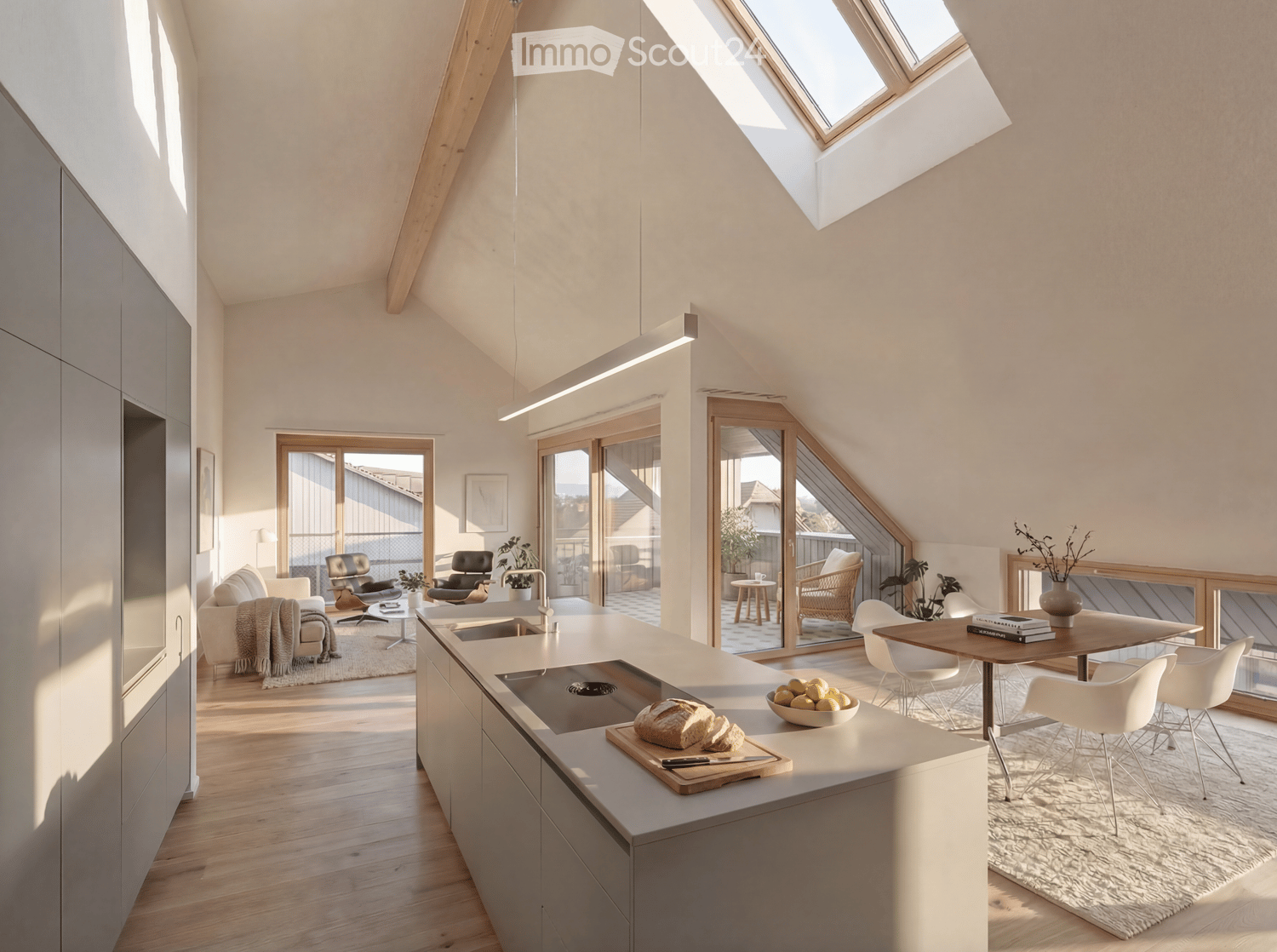 modern interior with kitchen island, dining table, open concept, skylights, comfortable seating, rug