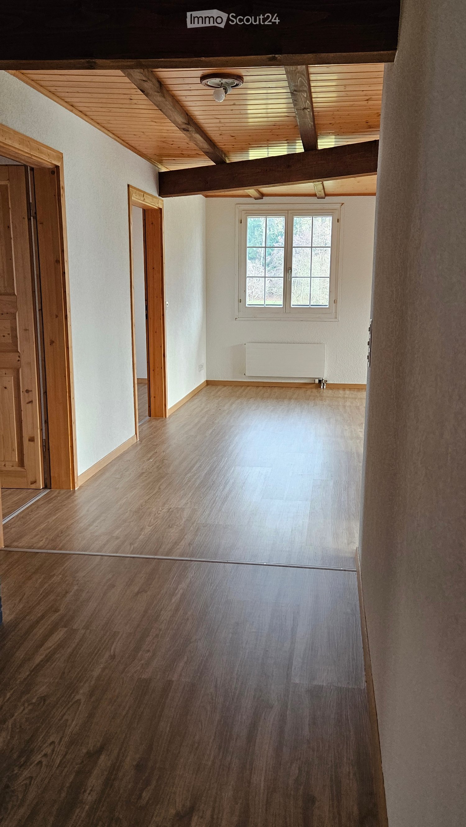 wooden ceiling, windows, radiator, wooden floor, empty