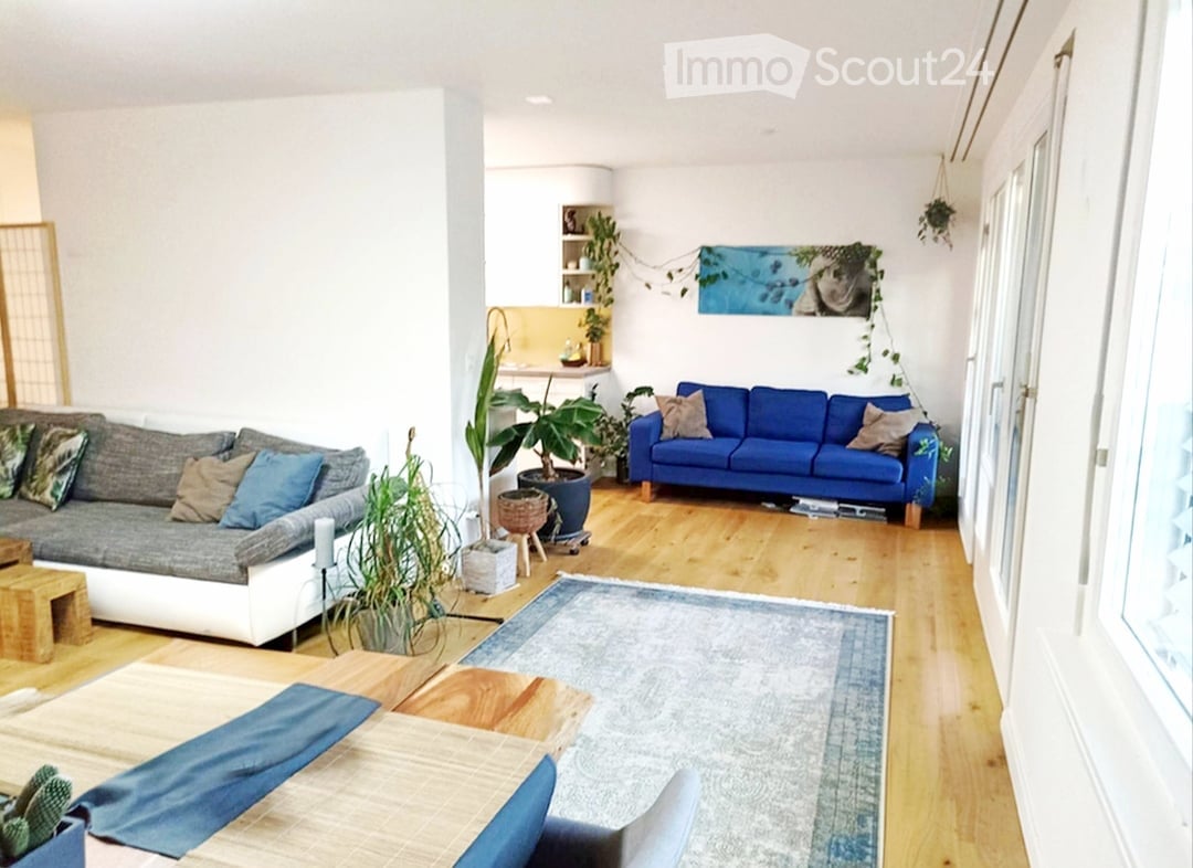 Modern living room with light wooden flooring, two sofas (one grey and one blue), a coffee table, a small wooden chair, a large area rug, and several potted plants. The space is bright with large windows and a view of greenery outside.