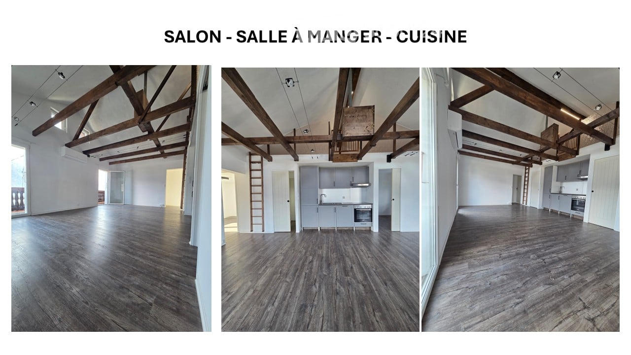 Unfurnished Room. Three images showing an unfurnished space with exposed wooden beams and polished wooden flooring. The first image depicts an open living area, the second shows a kitchen area with cabinets and appliances, and the third shows a dining are