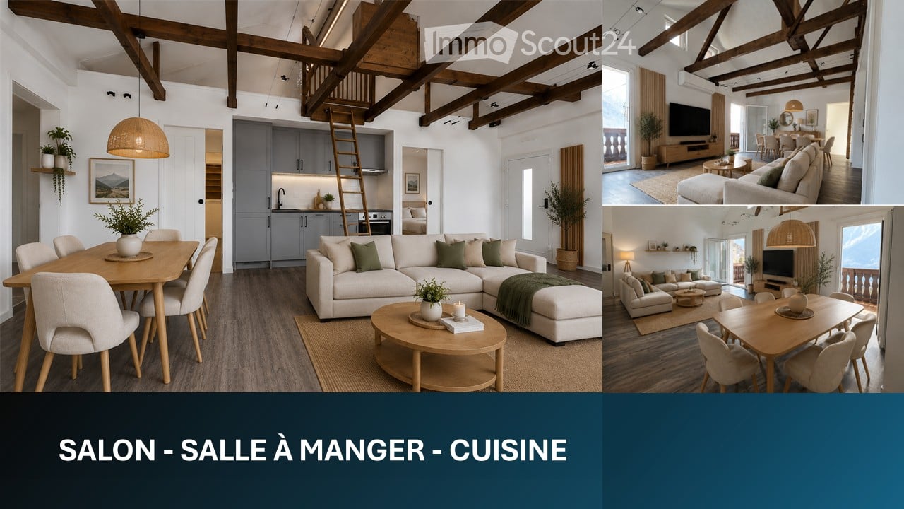 Modern living and dining area with exposed wooden beams, white walls, and grey cabinets. Features a large sectional sofa, coffee table, dining table with chairs, and a small kitchen area with cabinets, stove, and sink.