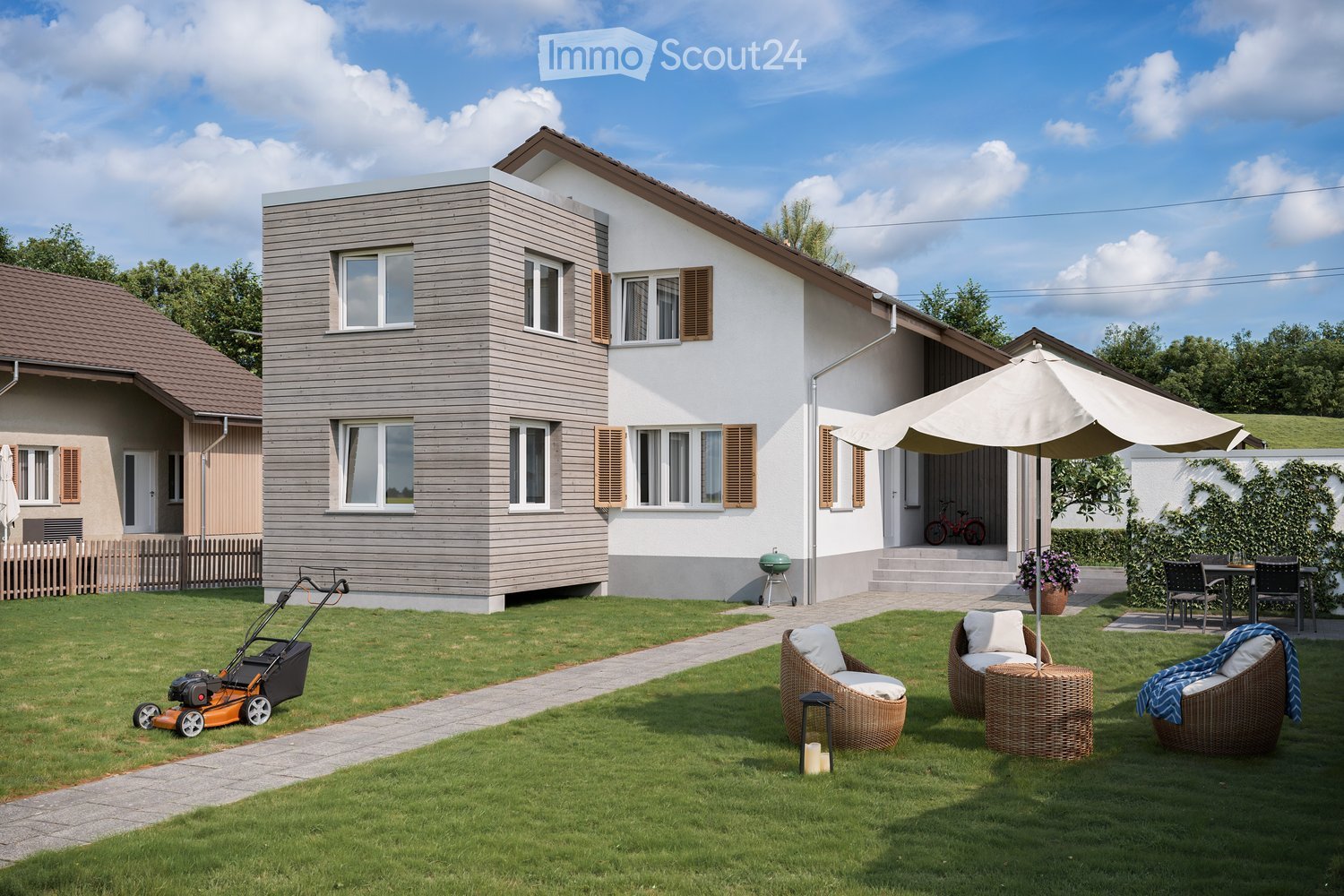 Garden / Outdoor Area. A modern two-story house with grey siding and brown shutters, surrounded by a well-maintained lawn, patio furniture, and outdoor umbrella.