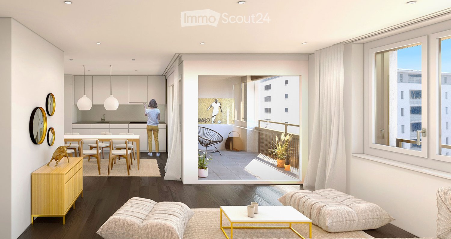 Furnished Room. Modern living room with hardwood floors, large windows, and a balcony. Features a sofa, coffee table, and decorative items.