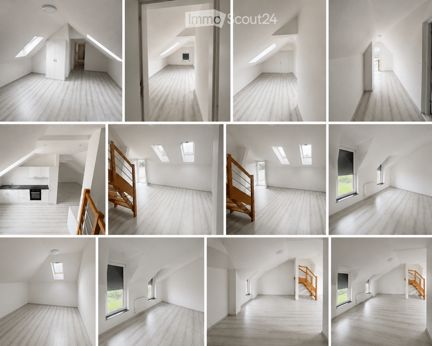 Unfurnished Room. A collage of nine images showcasing various unfurnished rooms and corridors with wooden flooring, white walls, and skylights, including a staircase and kitchen area.