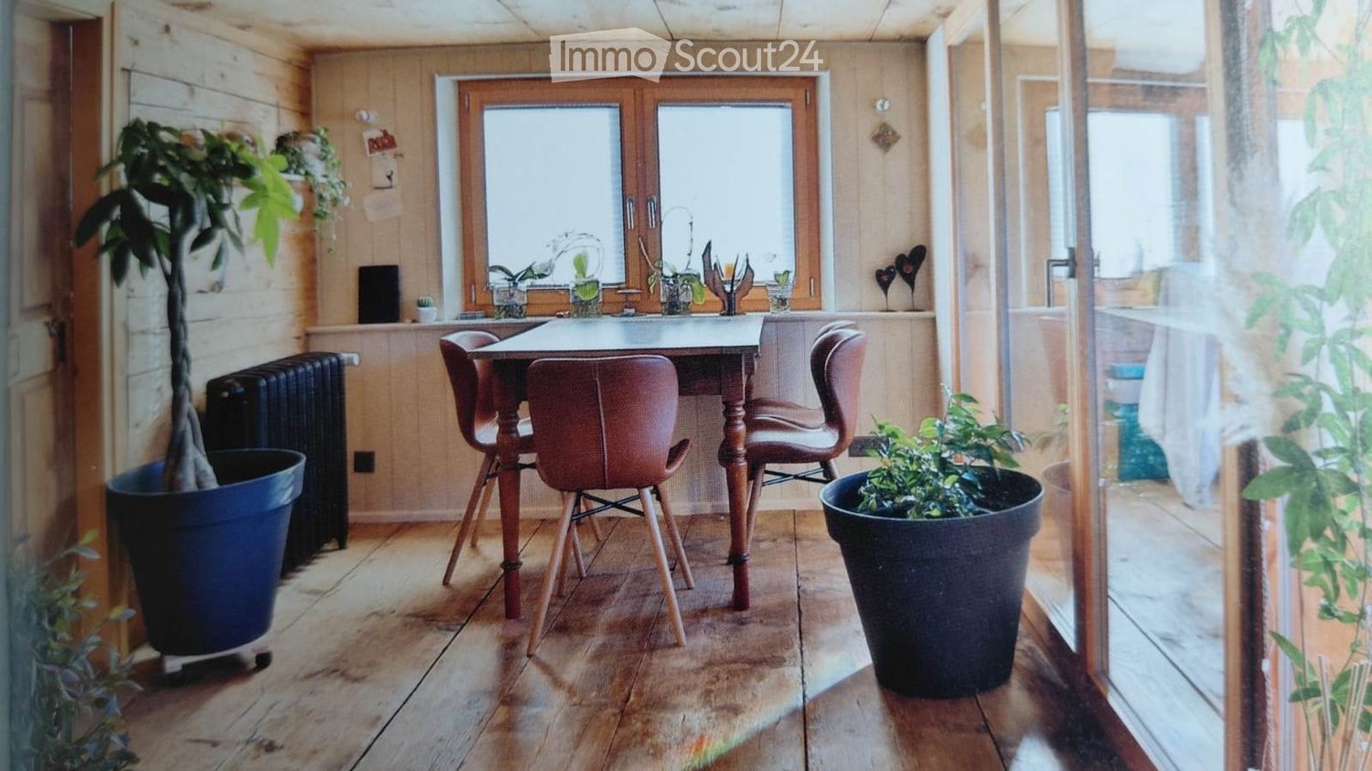 Furnished Room. A cozy, wooden-floored room with a dining table and chairs, large potted plants, and a radiator. The room has large windows and a view of the outdoors.