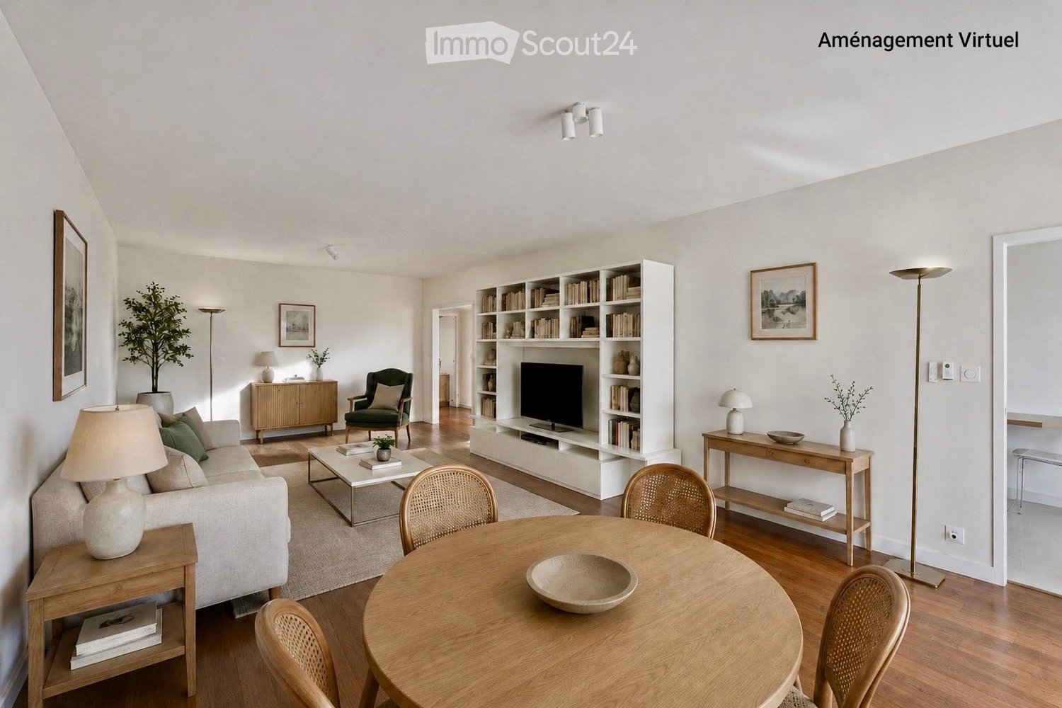 Furnished Room. Modern living and dining area with a sofa, coffee table, armchair, bookshelf, TV, dining table, chairs, lamps, side tables, plants, and picture frames.