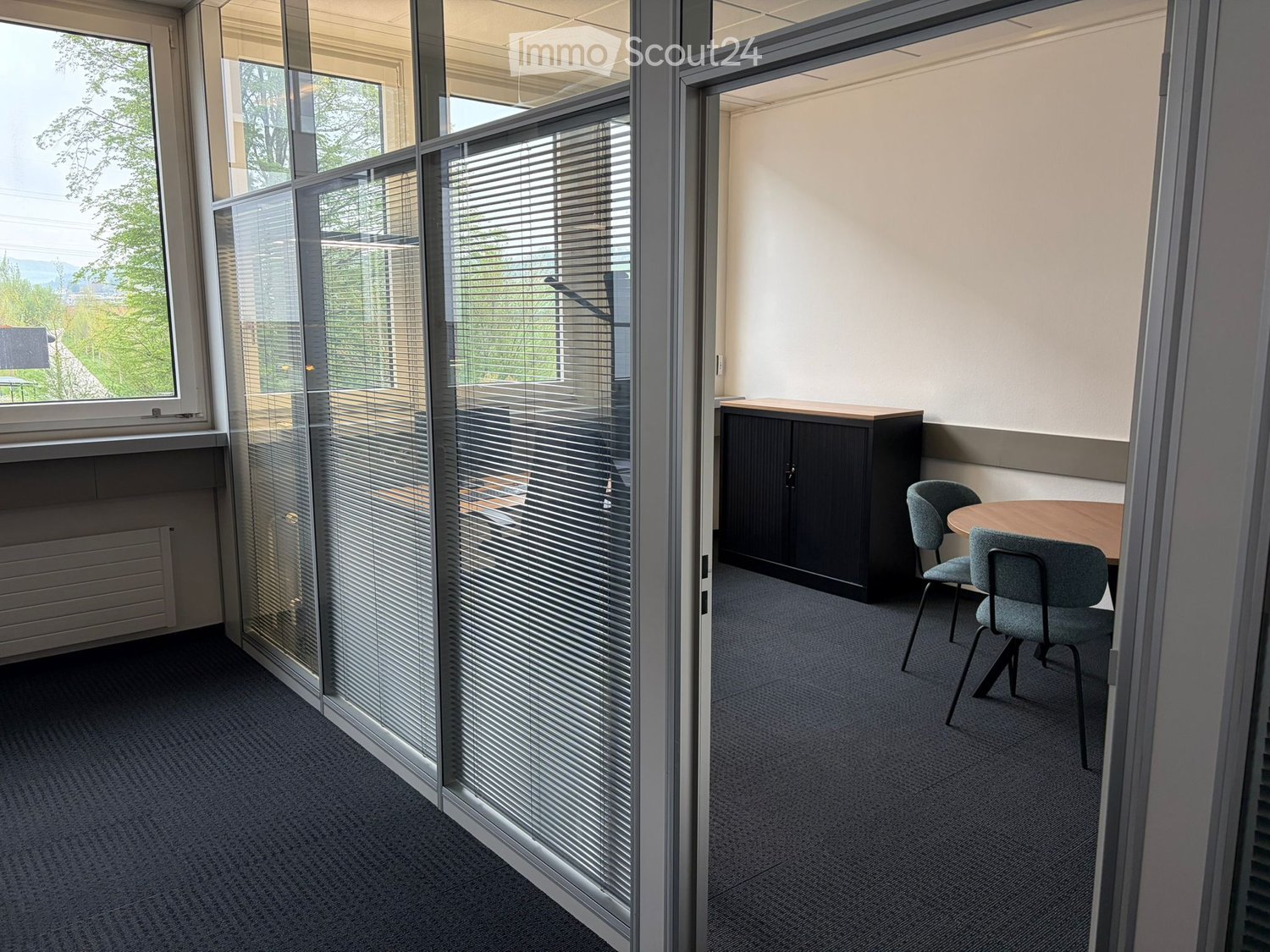 empty room with glass walls, carpeted floor, wooden table, chairs, cabinet, window with blinds