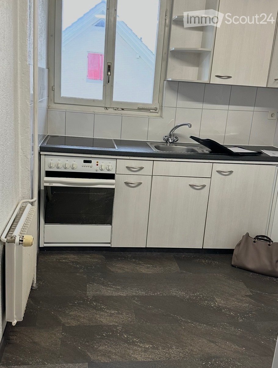Kitchen. Modern kitchen with white cabinets, stainless steel oven, sink, and faucet. Dark tiled floor and radiator visible.