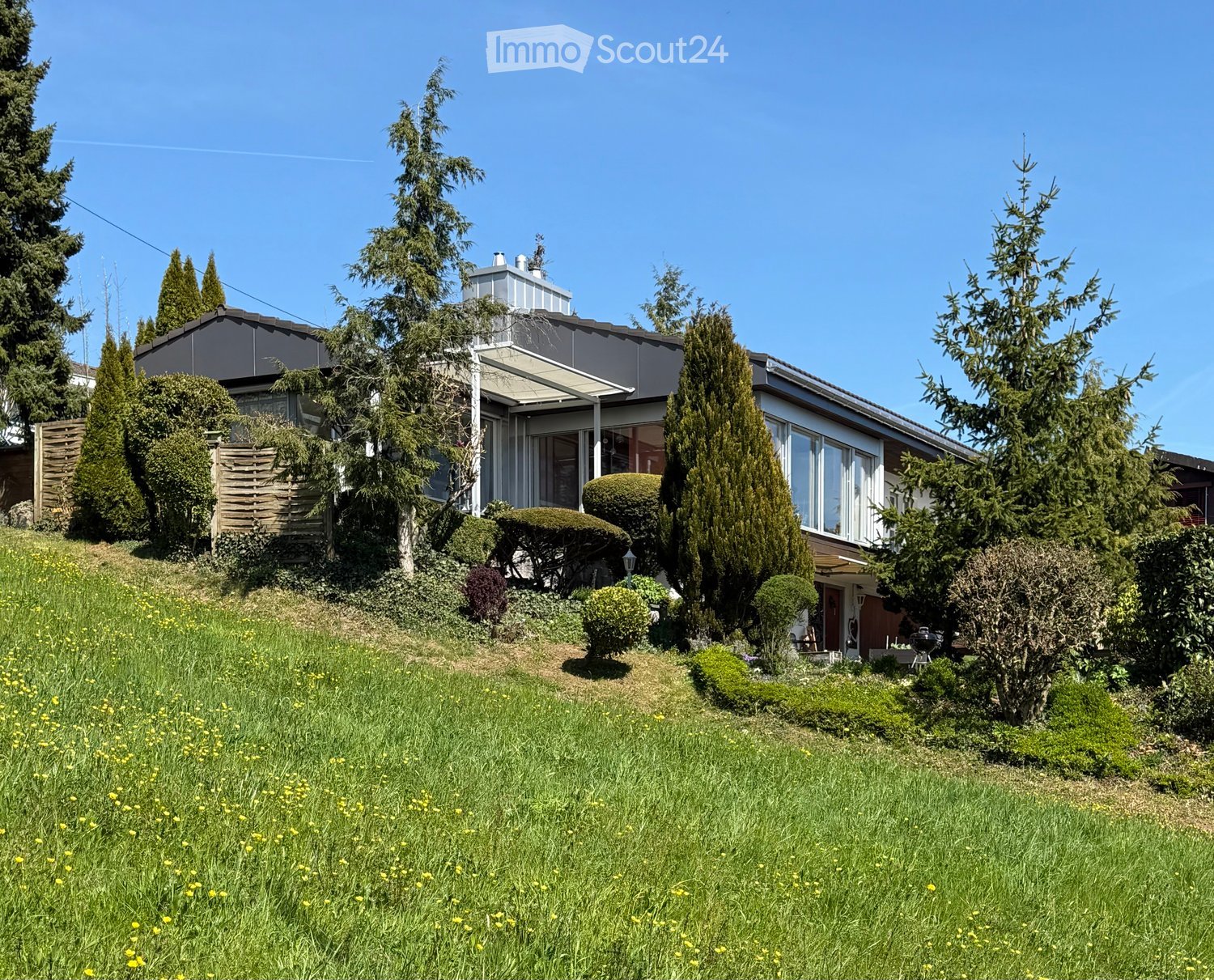 Two-story house with modern design, large windows, and a well-maintained garden with various trees and shrubs.