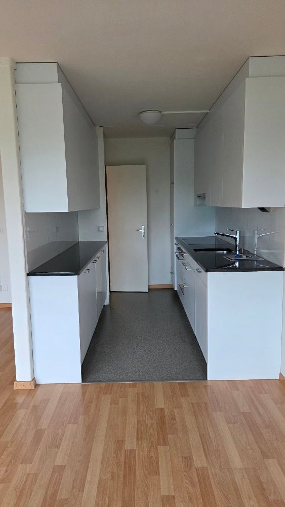 Kitchen. Modern kitchen with white cabinets, black countertops, and a stainless steel sink. The floor is wooden, and the space is well-lit with a ceiling light.