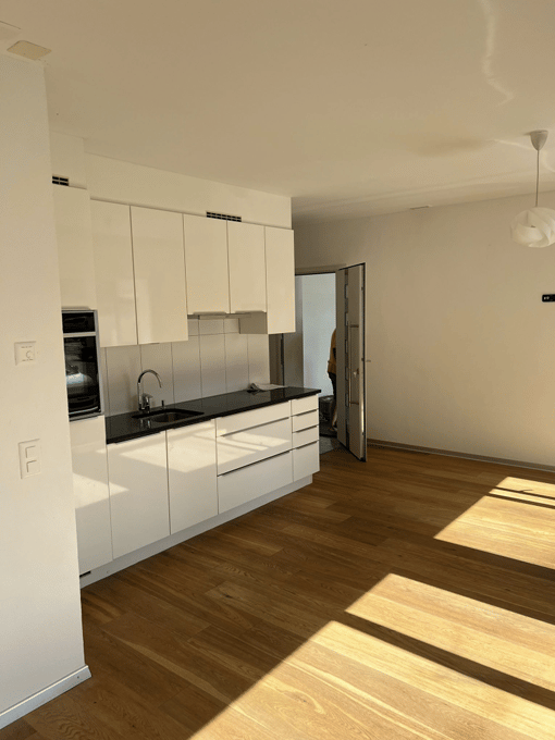 Kitchen. Modern kitchen with white cabinets, black countertops, and wooden flooring. Features a sink with a faucet and an oven.